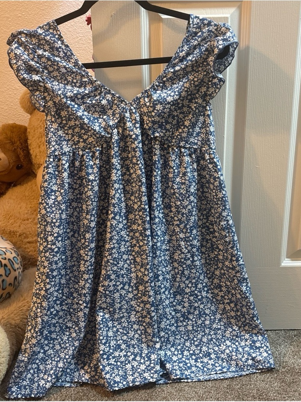 Blue Floral Ruffle-Shoulder Dress
